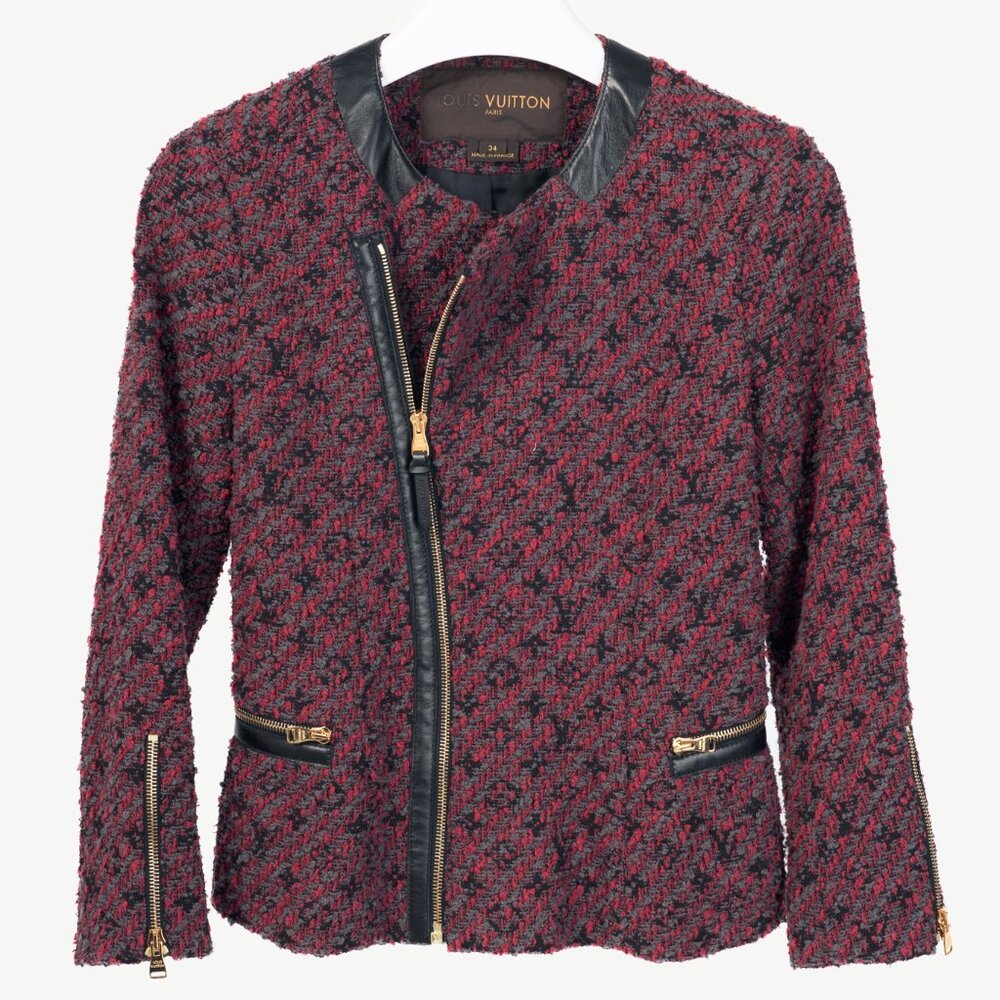 Louis Vuitton Pink Cotton Monogram-Tweed Leather-Trim Zip Jacket